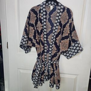 Women's H&M Navy Multi Design Kimono With Sash L Boho Romantic Peasant